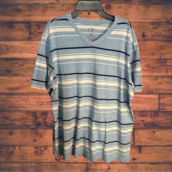 5 for $25🔥OP Baby Blue Striped Short Sleeve V-Neck T-Shirt Large (42-44) - Picture 1 of 6